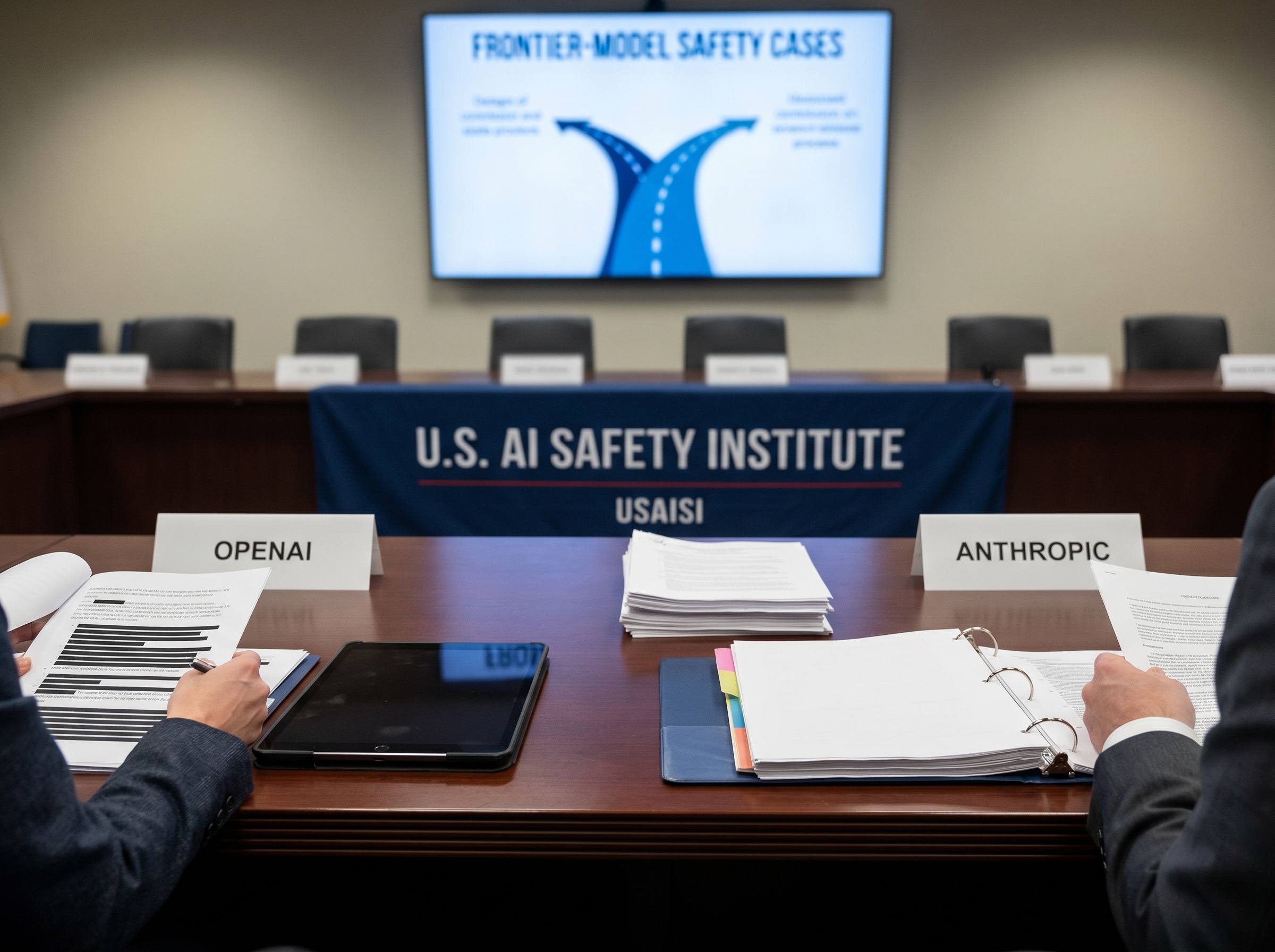 USAISI hearing room — parallel placards for OpenAI and Anthropic; the OpenAI side shows redacted text on the open document.